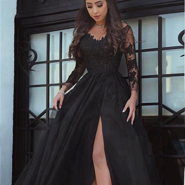 black lace prom dress uk Charming Halter Long With Slit DTP399 Beadwork make it the epitome of elegance Black Prom Dresses Page