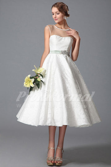 Classic A-line Illusion Tea-length White Lace Rockabilly Bridal Gown (PRJT04-1812)