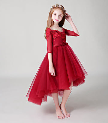 Red Girls High Low Party Dress with Half Sleeves BCH018