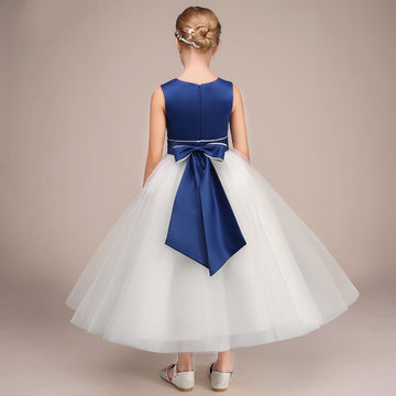 Blue and White Tulle Satin Kids Girl Birthday Party Dress BCH032