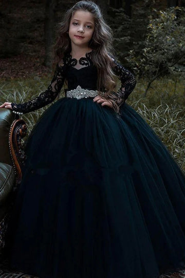 Kids Girls Black Long Sleeve Ball Gown Party Dress CHK213