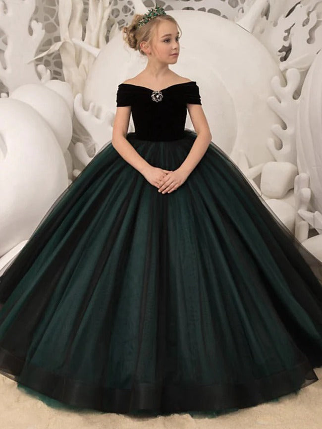 Princess Off-The-Shoulder Dark Green Kids Party Dress CHK218 Princess Off-The-Shoulder Dark Green Kids Party Dress CHK218