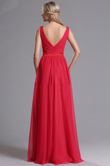 EBD018 V-neck Red Wedding Formal Dress with Ruched