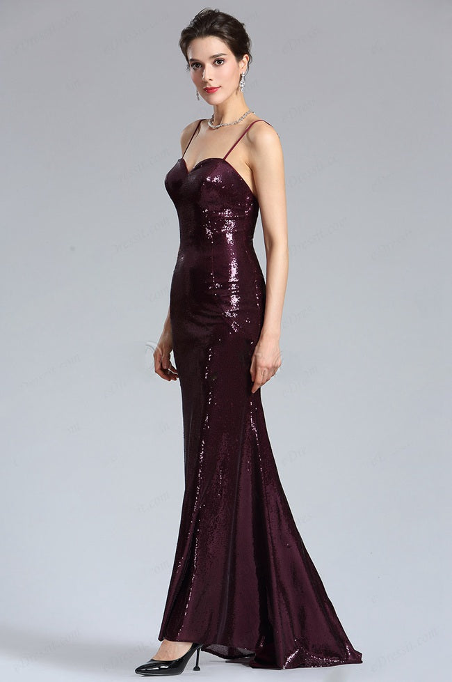 EBD024 Sequined Straps Grape Evening Formal Dress