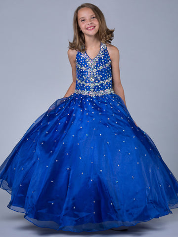 Royal Blue Organza Halter Ball Gown Floor-length Kids Prom Dress(FGD352)