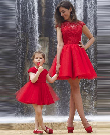 Red Lace Short Mommy-Daughter Matching Prom Dress FGD488