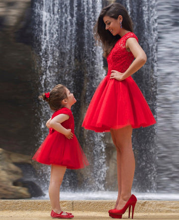 Red Lace Short Mommy-Daughter Matching Prom Dress FGD488