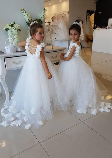 Ball Gown White Flower Girl Dress with Handmade Flowers FGD520