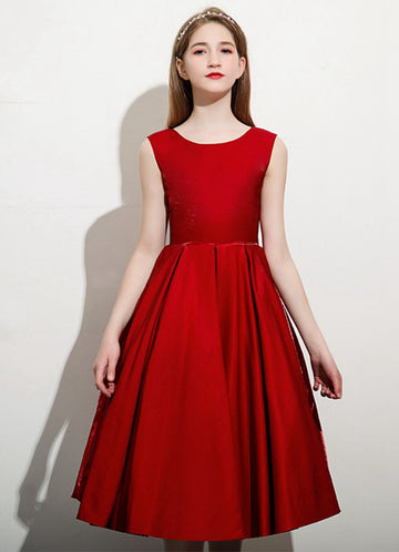 Burgundy Satin Tea Length Child Formal Dress JFGD076