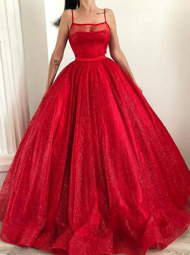 Princess Straps Sparkly Red Tulle Prom Dress JTB004