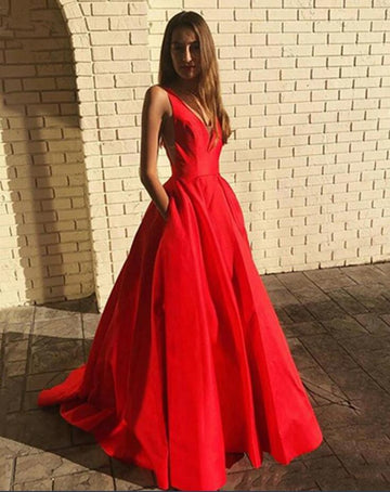 Satin V Neck Red Prom Dress JTB008