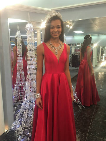 Junior Satin V Neck Red Prom Dress JTB009