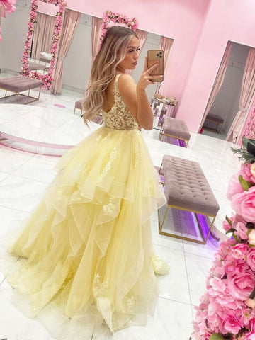 Junior Lace Yellow V Neck Princess Prom Dress JTB012