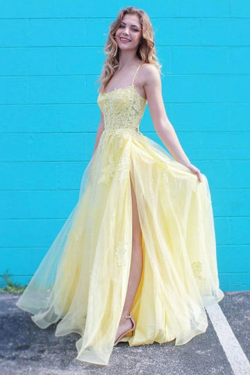 Junior A Line Straps V Neck Yellow Prom Dress JTB020