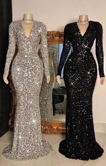 Sexy V Neck Silver Black Crystal Sequin Long Sleeve Mermaid Evening Dress JTC003