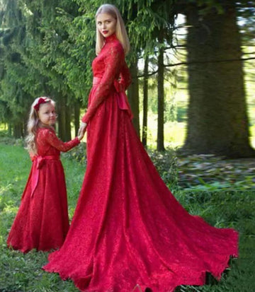Red Long Sleeve Lace Mommy-Daughter Matching Prom Dress MGD003