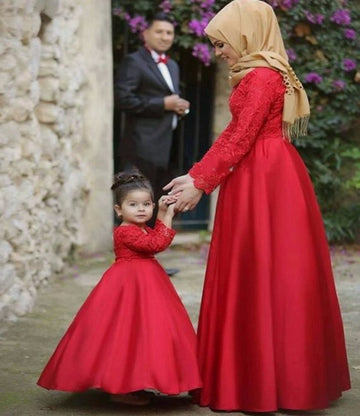 Muslim Long Sleeve Red Mommy-Daughter Matching Prom Dress MGD020