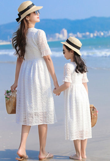 Tea-length Beach Lace Mommy-Daughter Matching Formal Dress MGD032