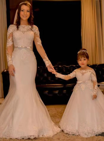 1st Communion Long Sleeve White Lace Mommy-Daughter Matching Formal Dress MGDK001