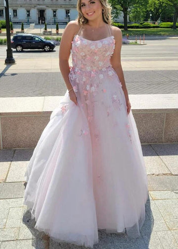 Pink Tulle Appliques Straps Plus Size Prom Dress PSD135