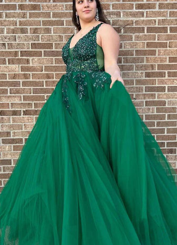 Green V Neck Lace Beading Plus Size Prom Dress PSD136