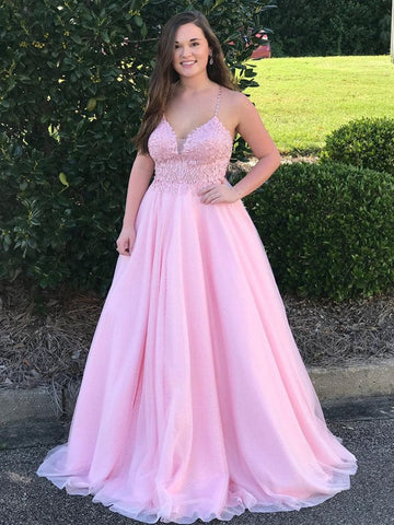 Pink Straps Lace Plus Size Prom Dress PSD137