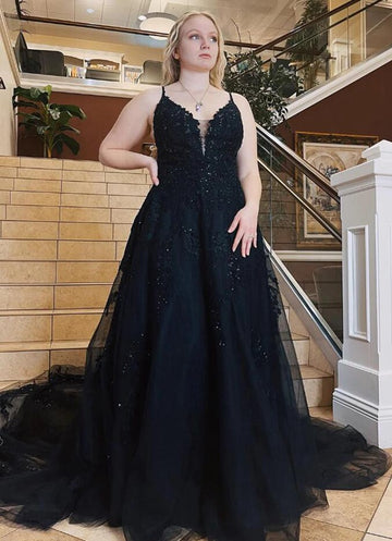 Black Straps Lace Plus Size Prom Dress PSD140