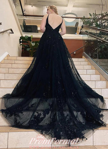 Black Straps Lace Plus Size Prom Dress PSD140