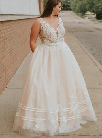 Ivory Lace Tulle V Neck Plus Size Prom Dress PSD145