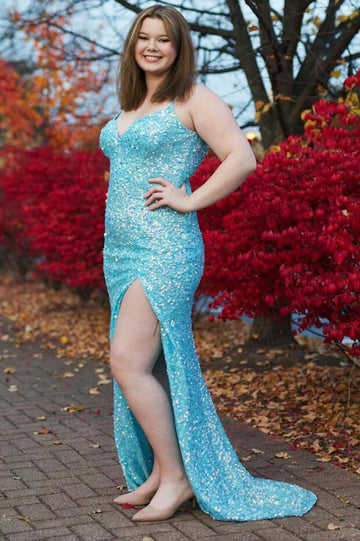 Turquoise Sparkly Sequin Sheath Slit Plus Size Prom Dress PSD146