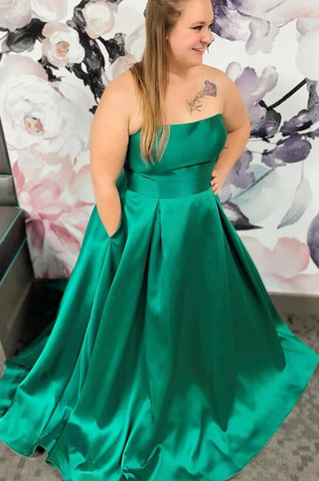 Green Satin A line Plus Size Prom Dress PSD147