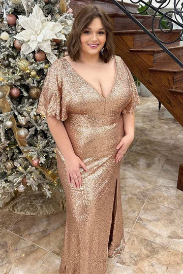 Gold Sequins Sheath Plus Size Prom Dress PSD148