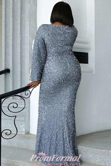 Long Sleeve Silver Sparkly Sequin Mermaid Plus Size Prom Dress PSD152