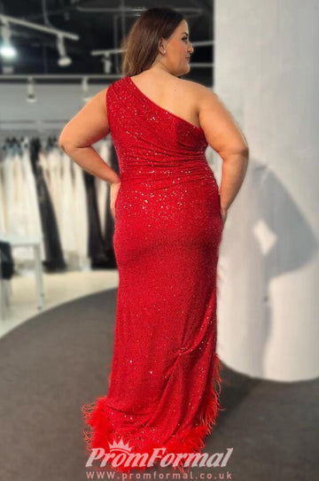 Red One Shoulder Sparkly Sequin Plus Size Prom Dress PSD154
