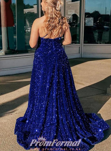 Royal Blue One Shoulder Sparkly Velvet Sequin Plus Size Prom Dress PSD156