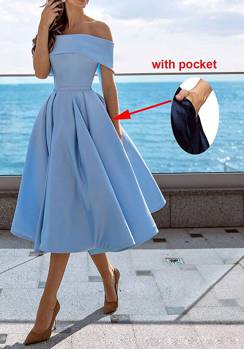 Light Blue Off-the-shoulder Tea Length Party Dress PXH036 Light Blue Off-the-shoulder Tea Length Party Dress PXH036
