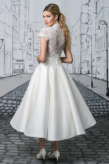 V Neck Vintage Lace Short Sleeve Tea Length After Party Wedding Dress SWD014