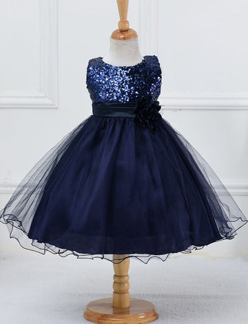 Navy Blue Short Sequin Kids Party Dress TXH092