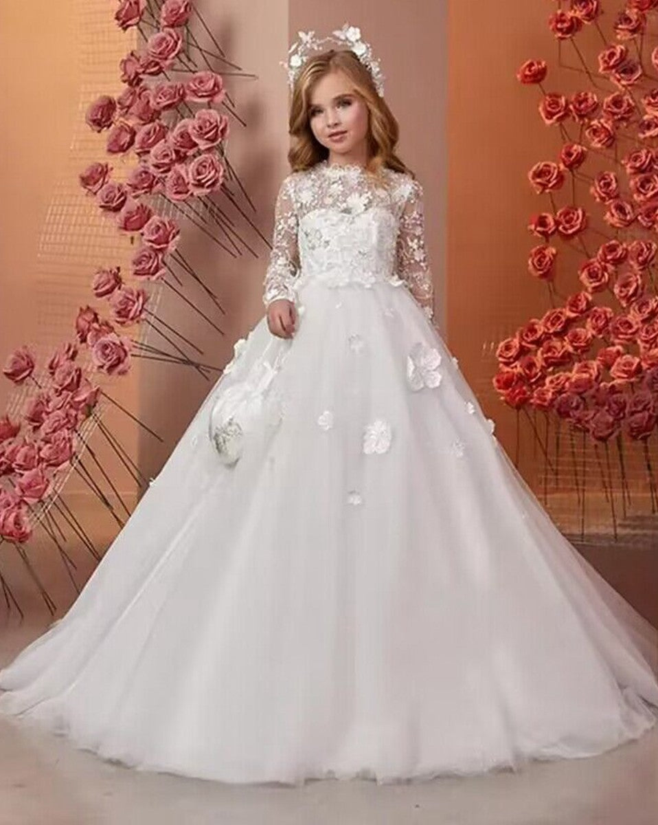Lace Applique Ruffles Long Sleeve Communion Gowns Girls Formal Dress T