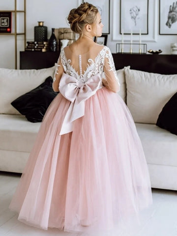 Lace Applique Pink Long Sleeve Girls Prom Dress TXH126