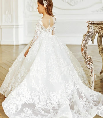 Lace Applique Communion Long Sleeve Girls Ball Prom Dress TXH127