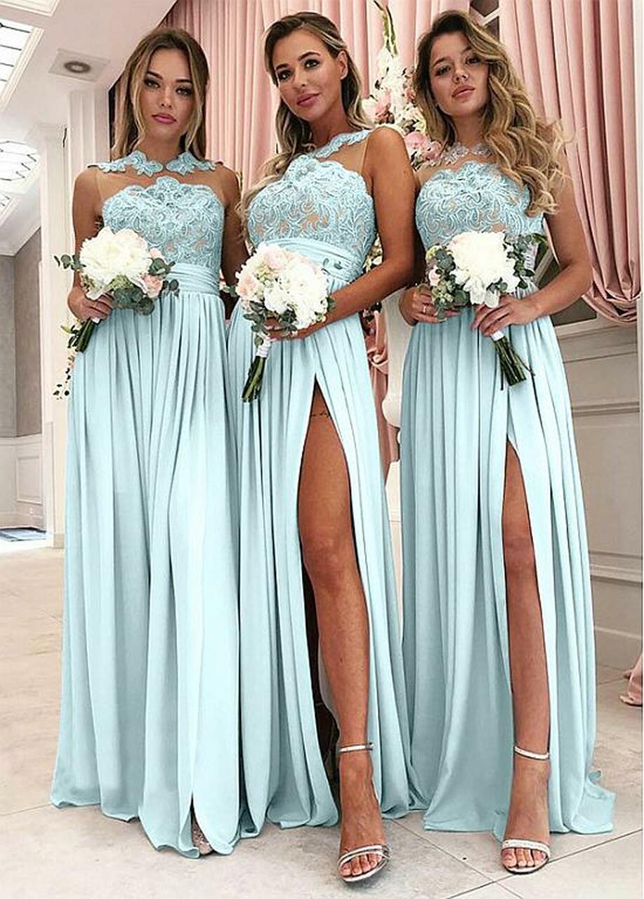sexy light blue dress Light Blue Sexy Split Front High Neck Bridesmaid Dress GBD104