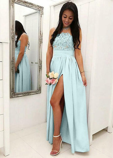 Light Blue Sexy Split Front High Neck Bridesmaid Dress GBD104