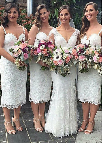 White Tea Length Spaghetti Straps Lace Bridesmaid Dress GBD046