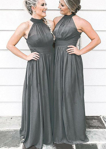 Gray Floor Length Halter Bridesmaid Dress GBD062