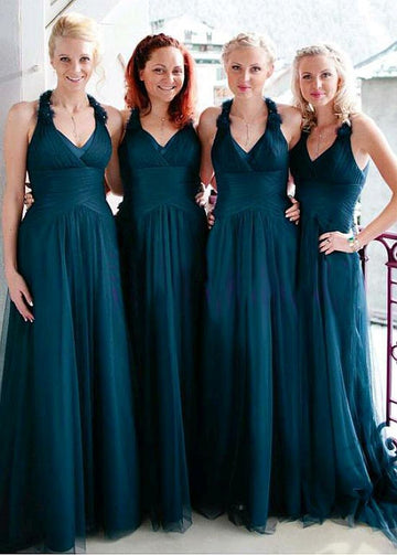 Flowers Floor Length Ink Blue V-Neck Bridesmaid Dress GBD076