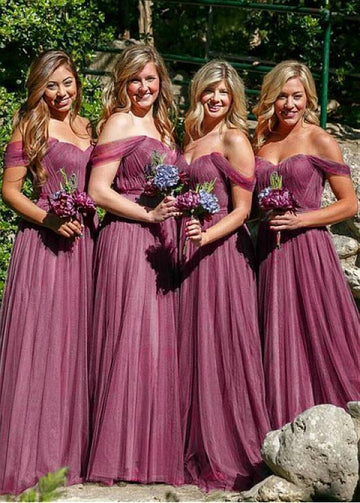 Maroon Floor Length Off The Shoulder Bridesmaid Dress GBD088