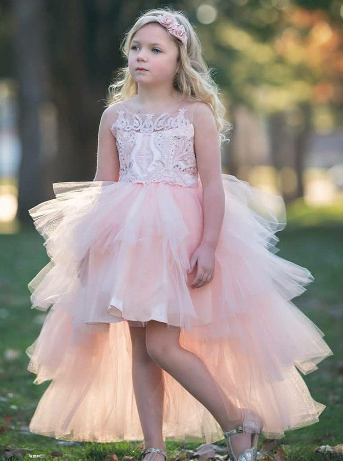 Pink Nice Dress For Kids Cute High Low Pink Kids Girls Prom Dress