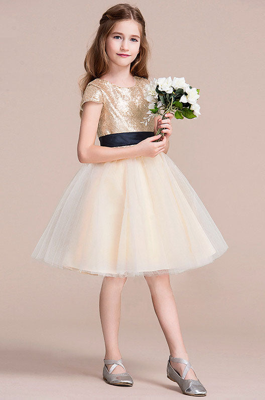 Princess Short Sleeve Gold Sequins Knee length Children s Prom Dress A