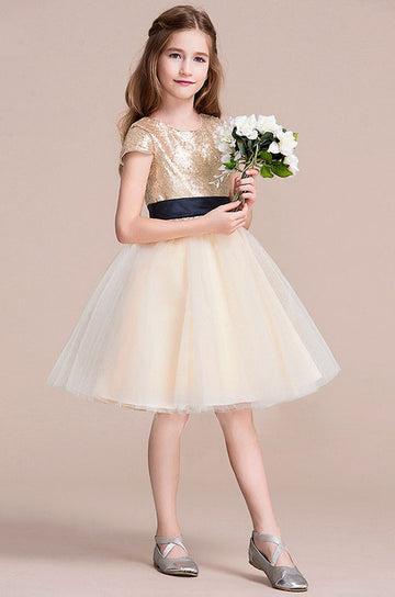 Princess Short Sleeve Gold Sequins Knee-length Children's Prom Dress(AHC051)